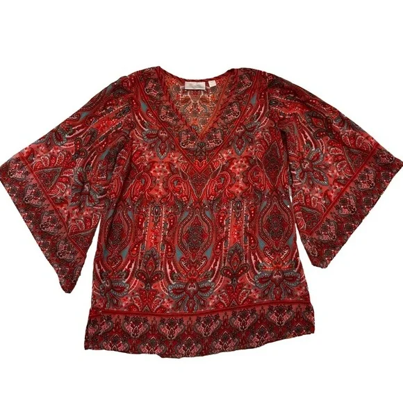 Belle by Kim Gravel Size XXS Paisley Print Bell Sleeve Blouse Top Side Slit NEW - Picture 15 of 15